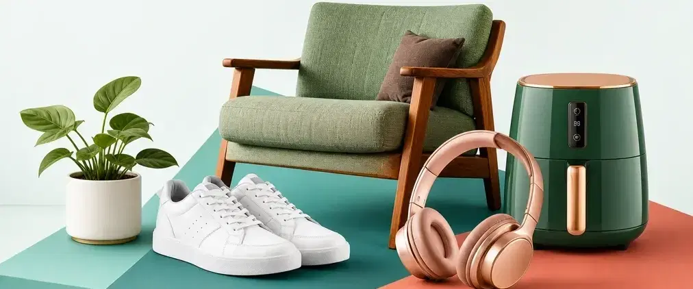 Lifestyle collage of an armchair, sneakers, headphones, and an air fryer available on Bazaar
