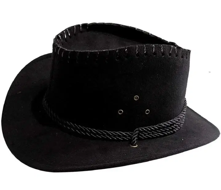 Black cowboy-style hat with wide brim, stitched crown edge and braided band