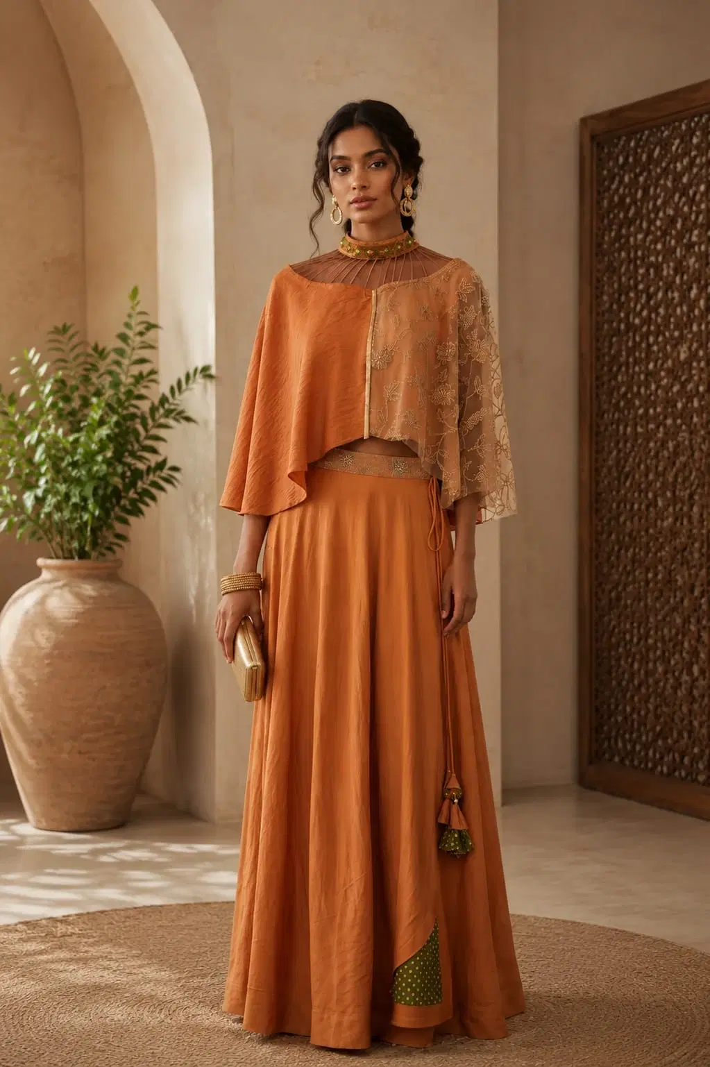 Women’s Rust Orange Embroidered Cape Lehenga Set
