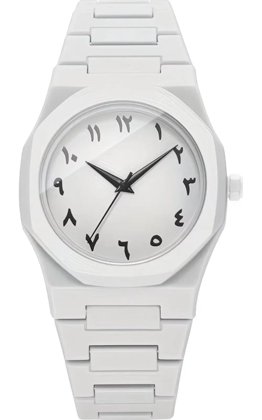 White analog wrist watch with black Arabic numerals and matching white linked strap