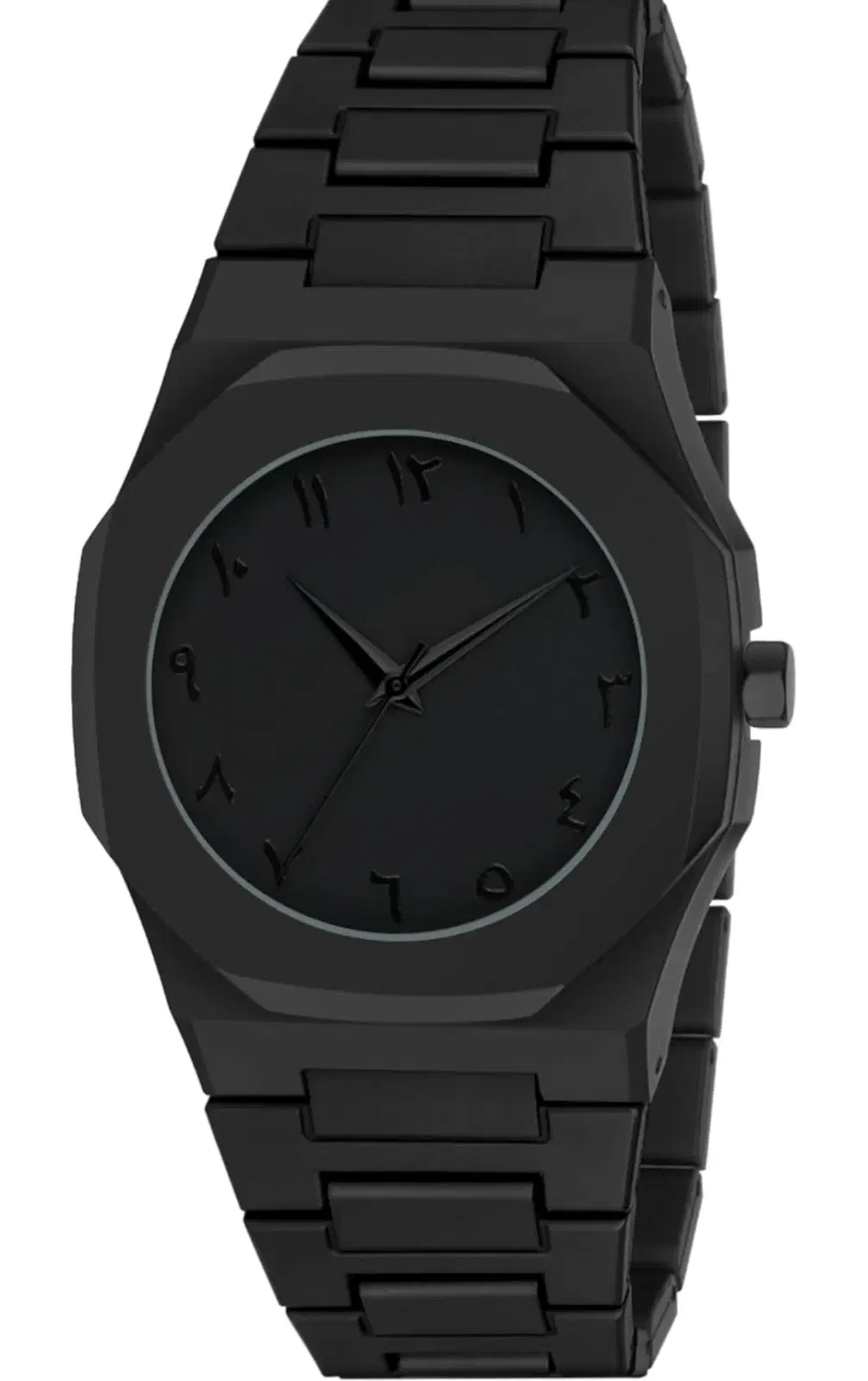 All-black analog wrist watch with geometric case, Arabic numeral dial and matching link strap