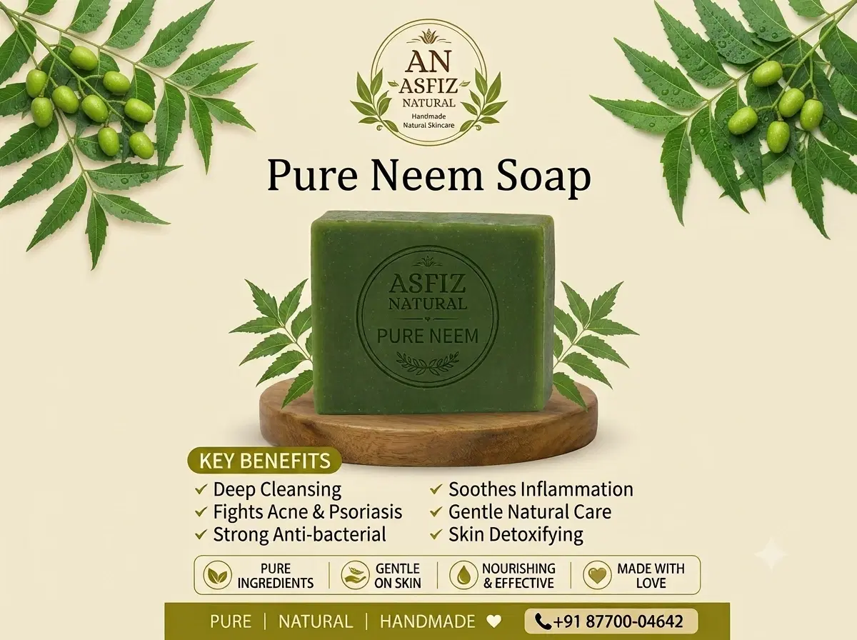 Green Pure Neem Soap bar on wooden dish with neem leaves and key benefits text on beige background