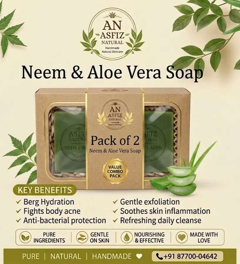 ASFIZ Natural Neem & Aloe Vera Soap pack of 2 with two green soap bars in kraft gift box packaging