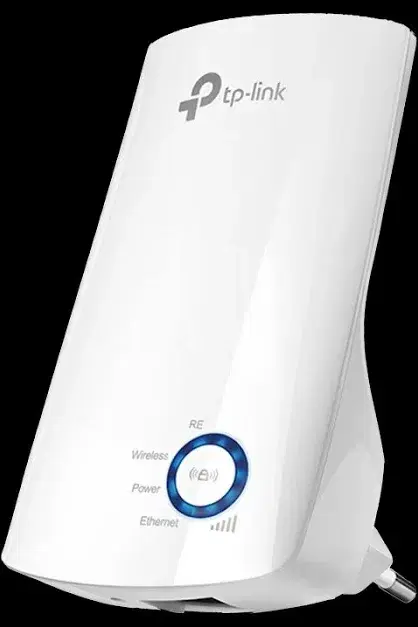 White TP-Link plug-in wireless range extender with blue LED ring and Ethernet indicator