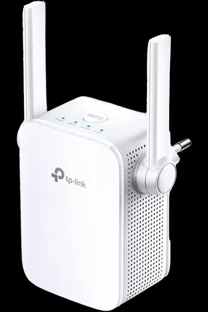 White TP-Link Wi-Fi range extender with two external antennas and wall-plug design