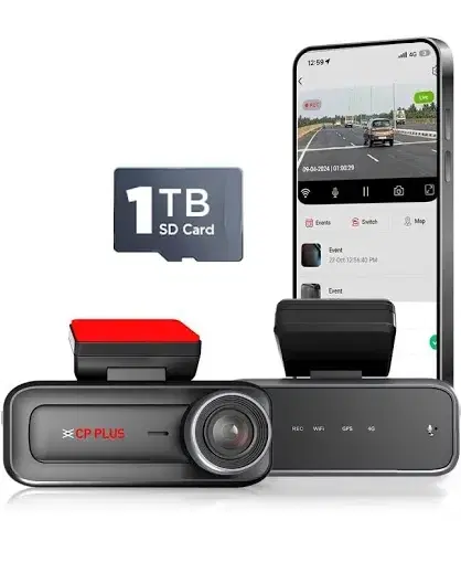 CP Plus dual dash camera set with rear camera, smartphone app display and 1TB SD card support