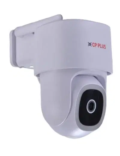 White CP Plus wall-mounted PTZ security camera with rounded motorized lens housing