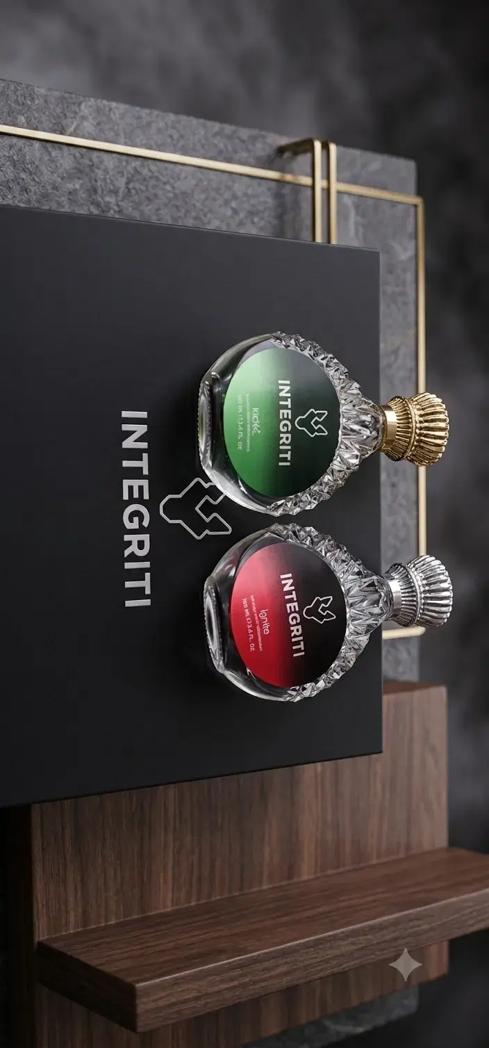 Two Integriti perfume bottles in a black gift box with green and red labels and ornate metallic caps