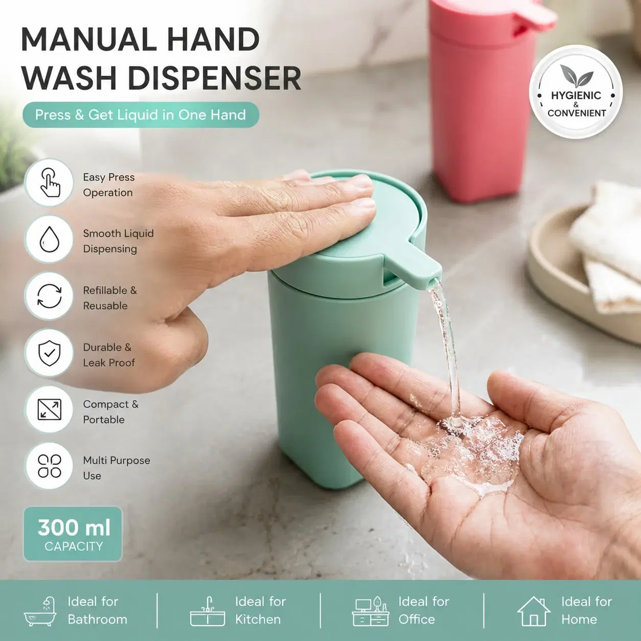 Mint green manual hand wash dispenser dispensing liquid soap into a hand, 300 ml capacity