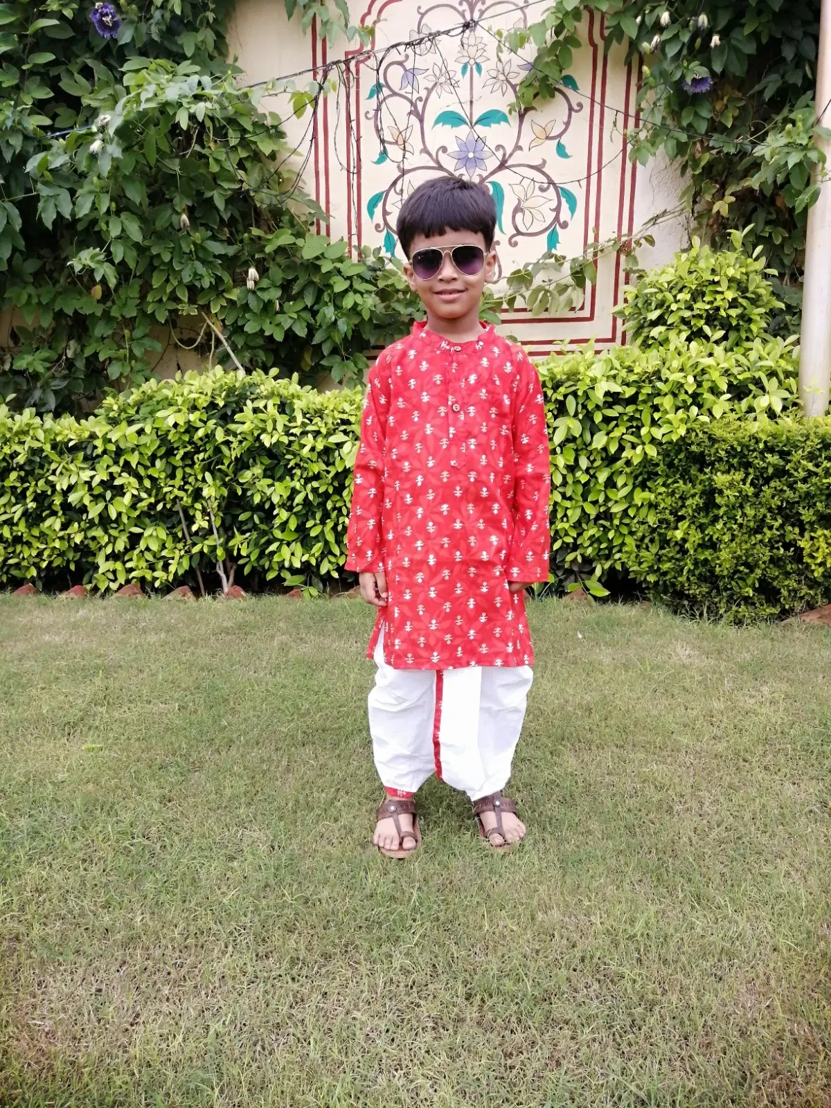 Boys Red Printed Kurta Dhoti Set