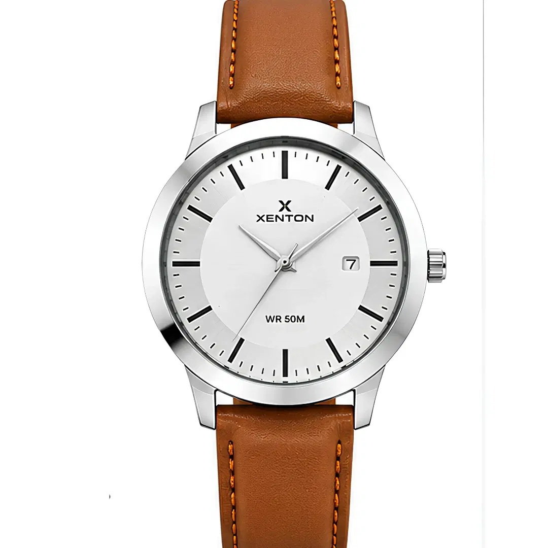 Silver dial Xenton analog wrist watch with brown leather strap and date window