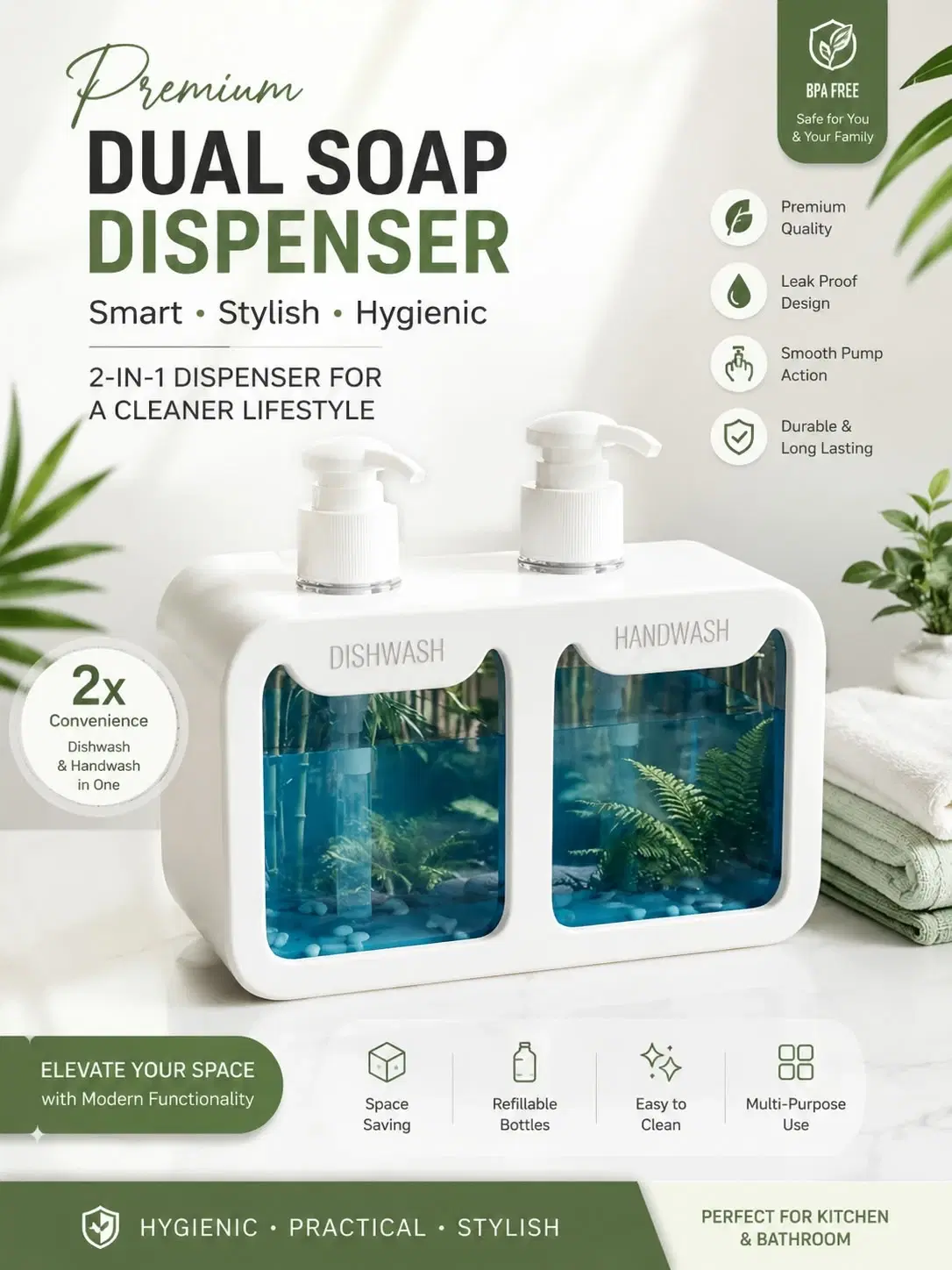 White dual pump dispenser labeled dishwash and handwash with blue liquid in transparent front chambers