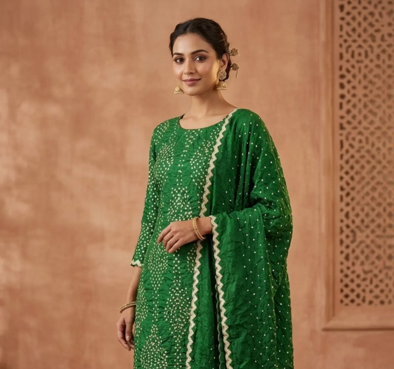 Green Traditional Bandhani Suit with Matching Dupatta