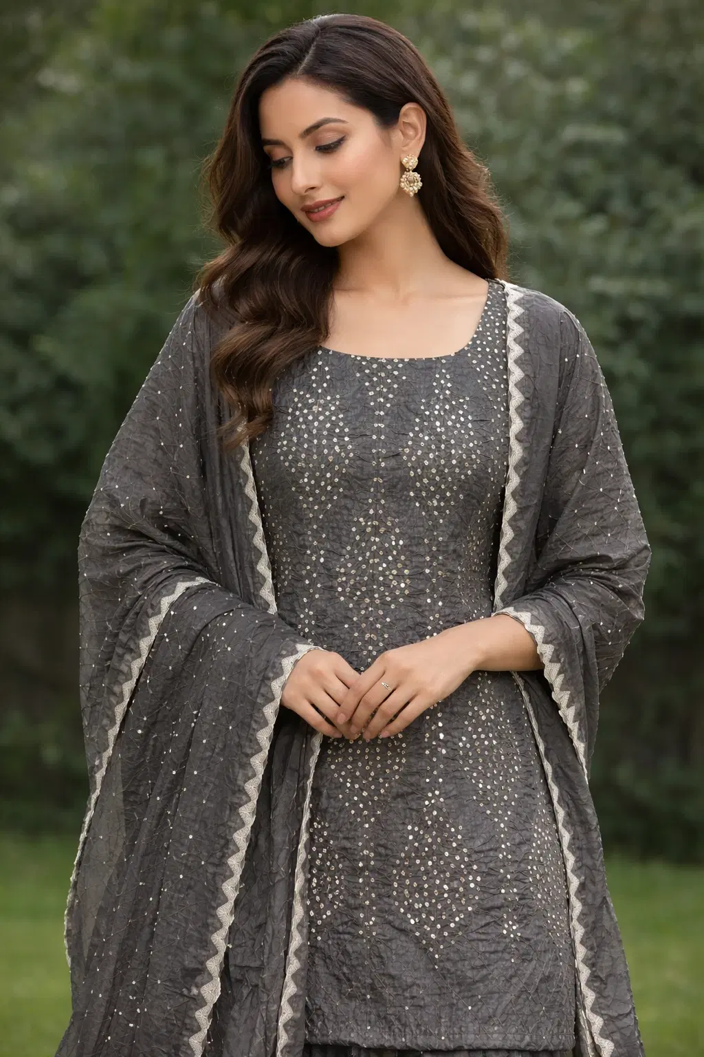 Traditional Gray Kurta Set with Gold Embellishments and Matching Dupatta