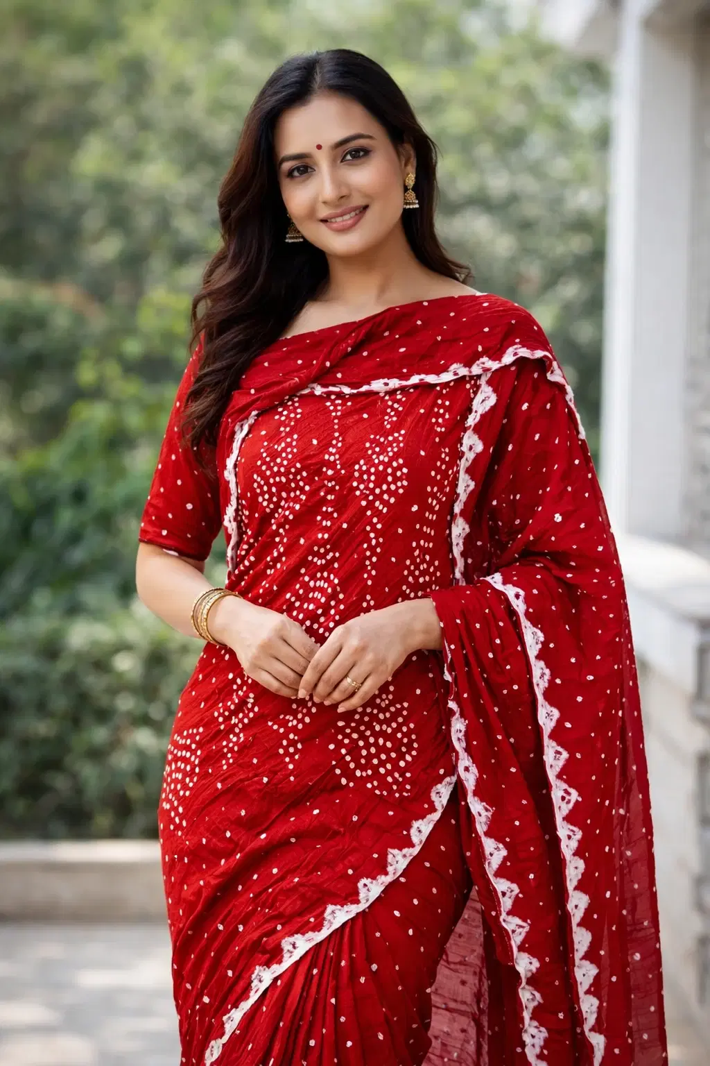 Red Bandhani Printed Saree with Lace Border