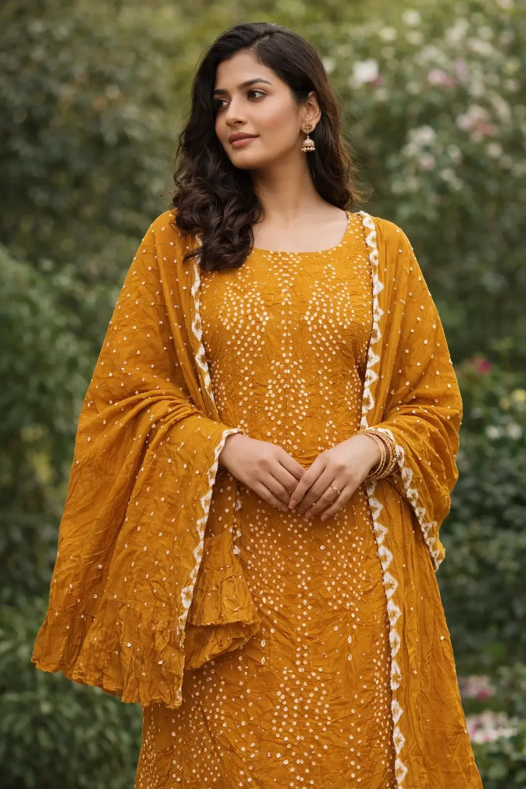 Mustard Yellow Traditional Bandhani Dress with Dupatta