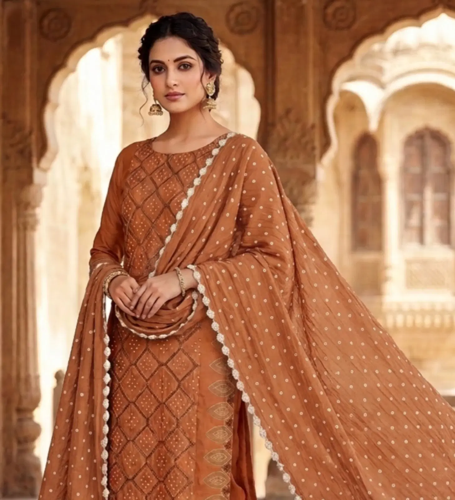 Brown Traditional Indian Bandhani Suit with Embroidered Dupatta