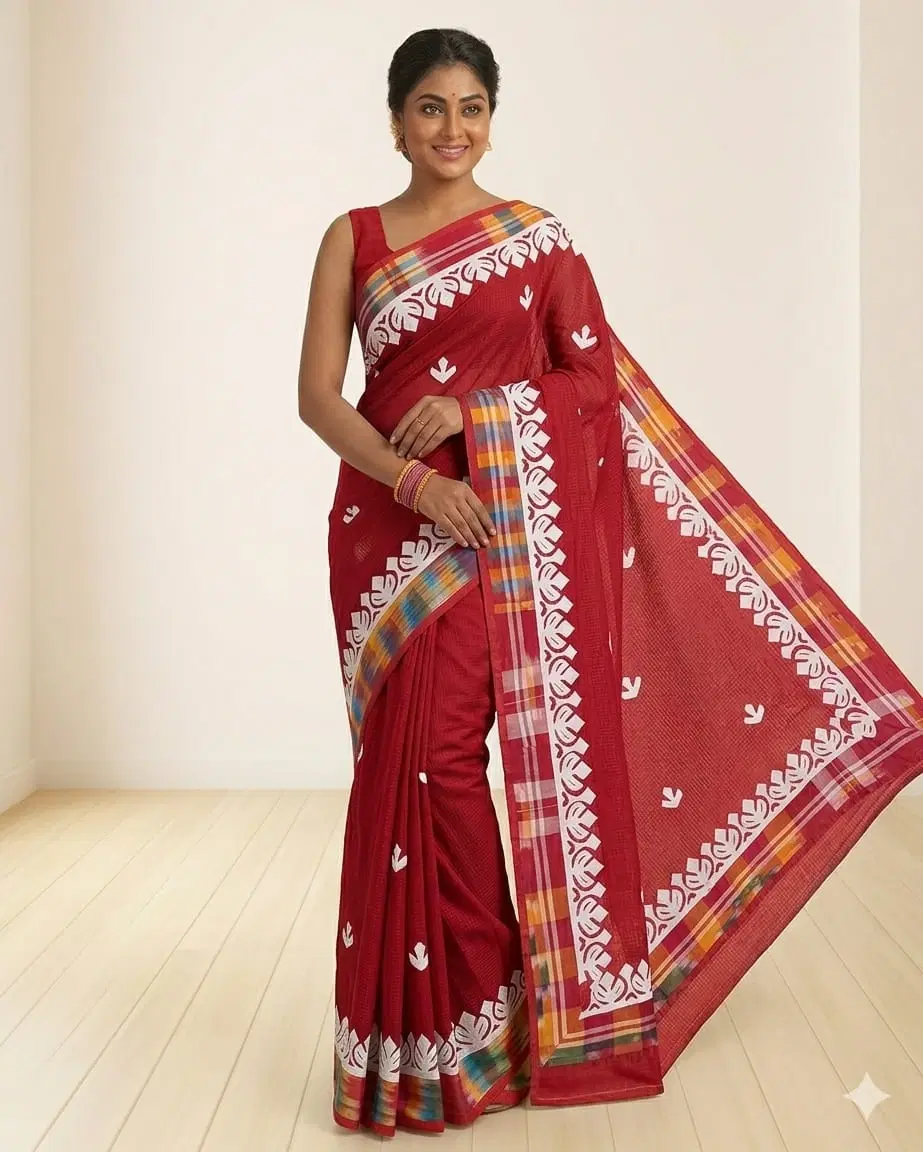 Traditional Red Handloom Saree with Decorative Border
