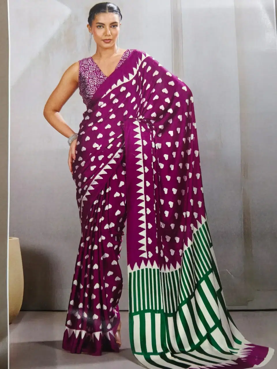 Purple Printed Saree with Contrasting Border