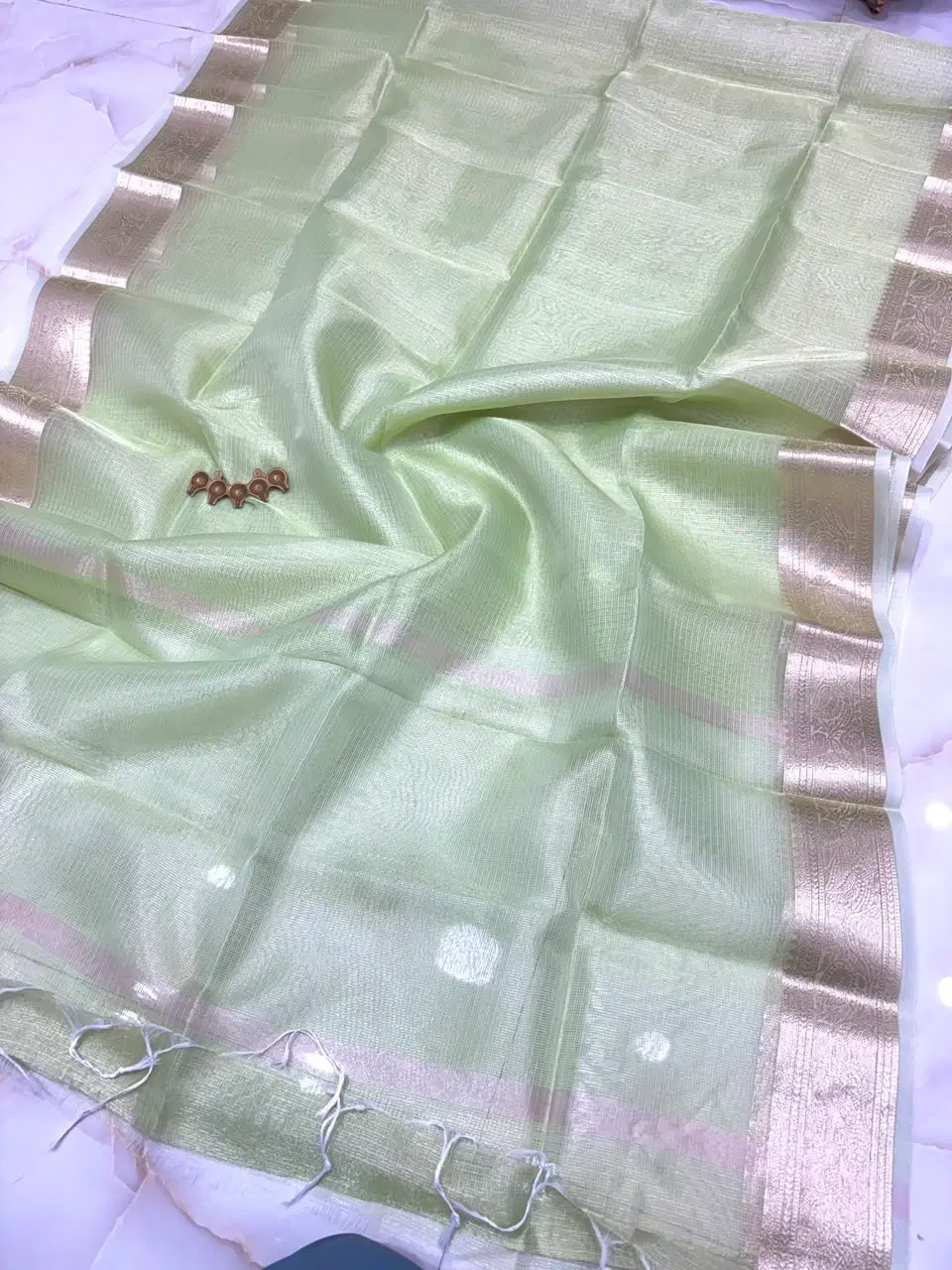 Women's Mint Green Tissue banarasi silk Saree with blouse piece
