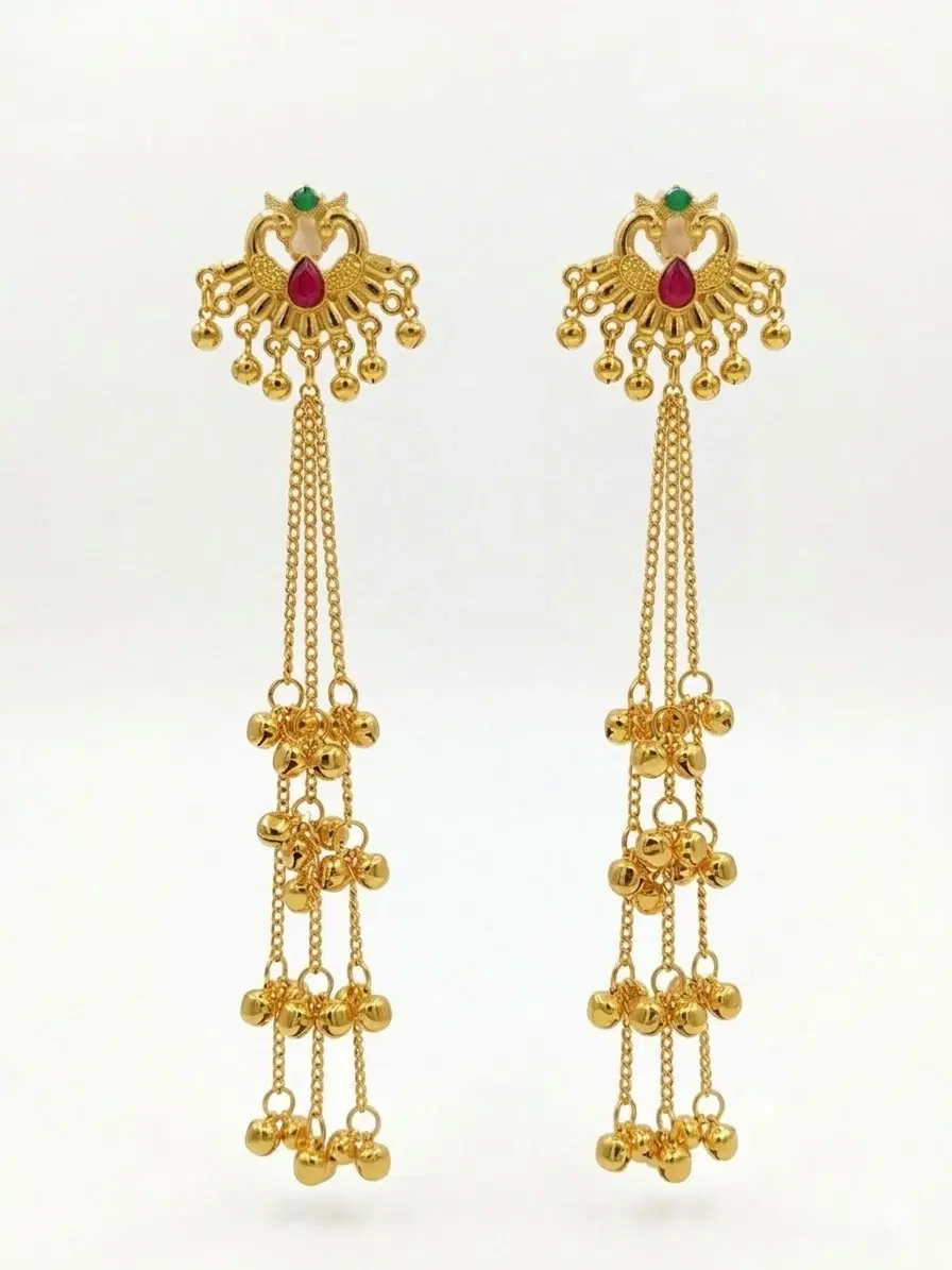 Gold-Tone Peacock Design Long Dangle Earrings