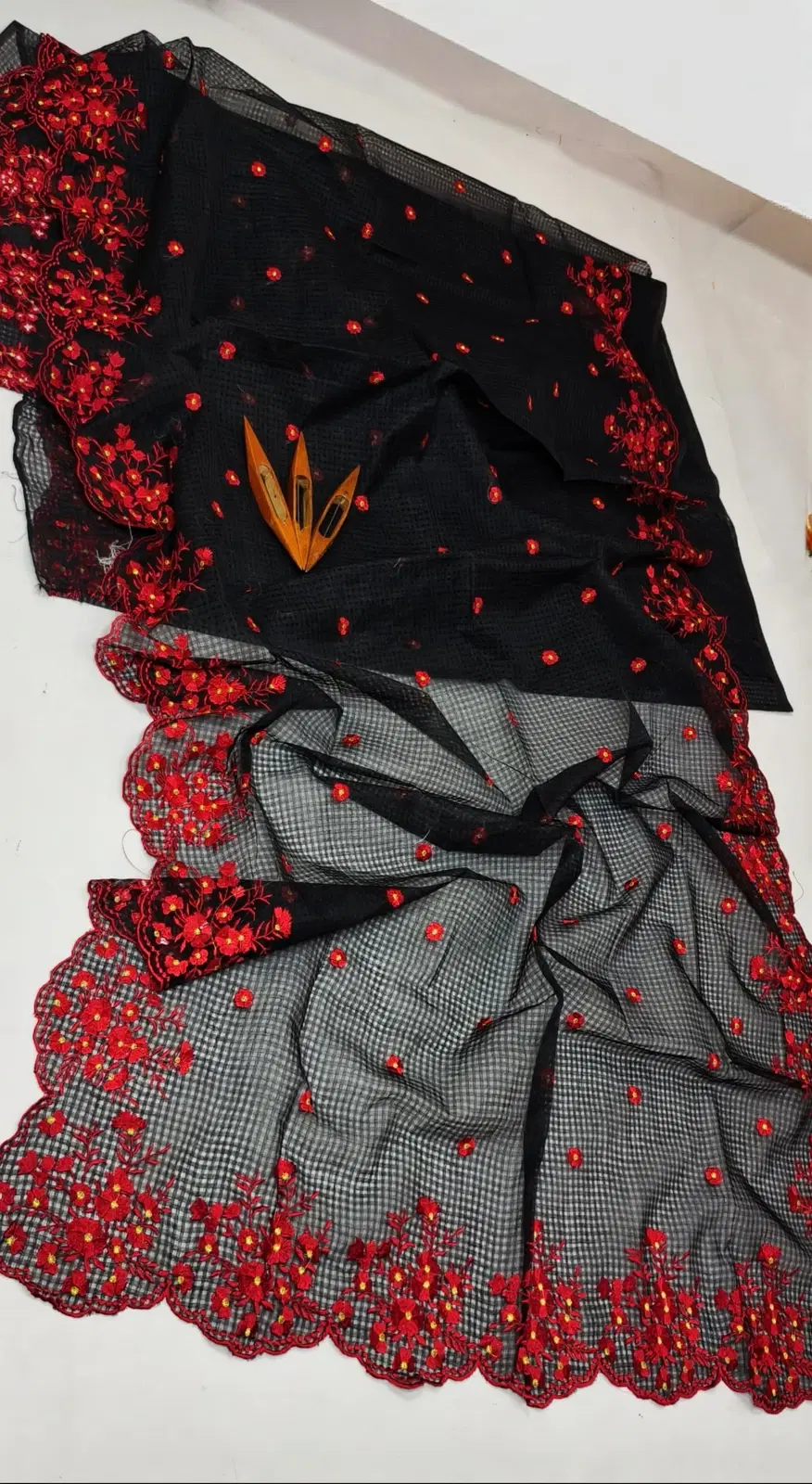Black Kota Embroidered Saree with Red Floral Border
