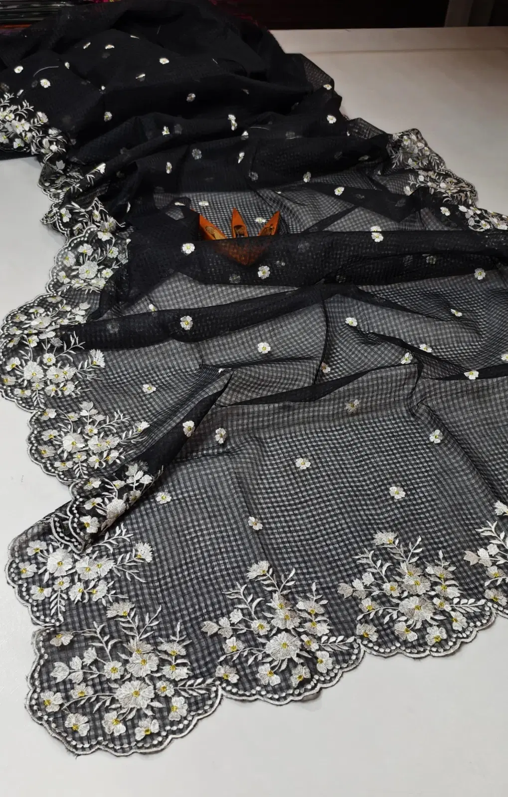 Black Kota Doria Embroidered Saree with White Floral Border