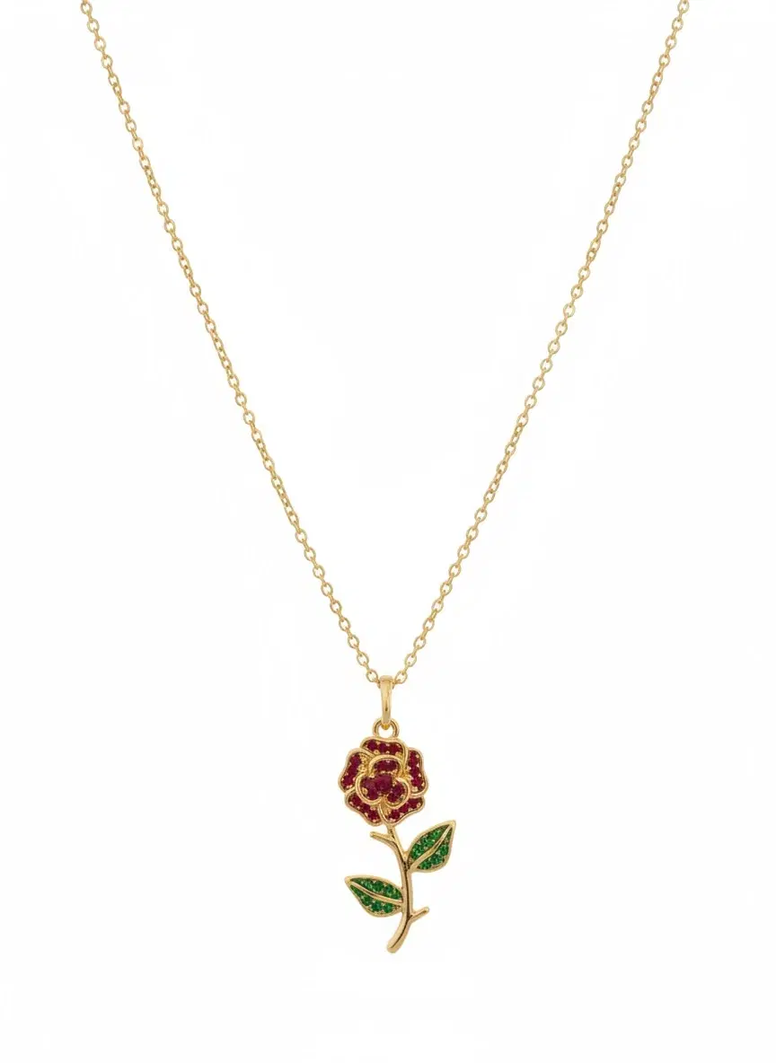 Gold-Tone Floral Pendant Necklace with Red and Green Accents