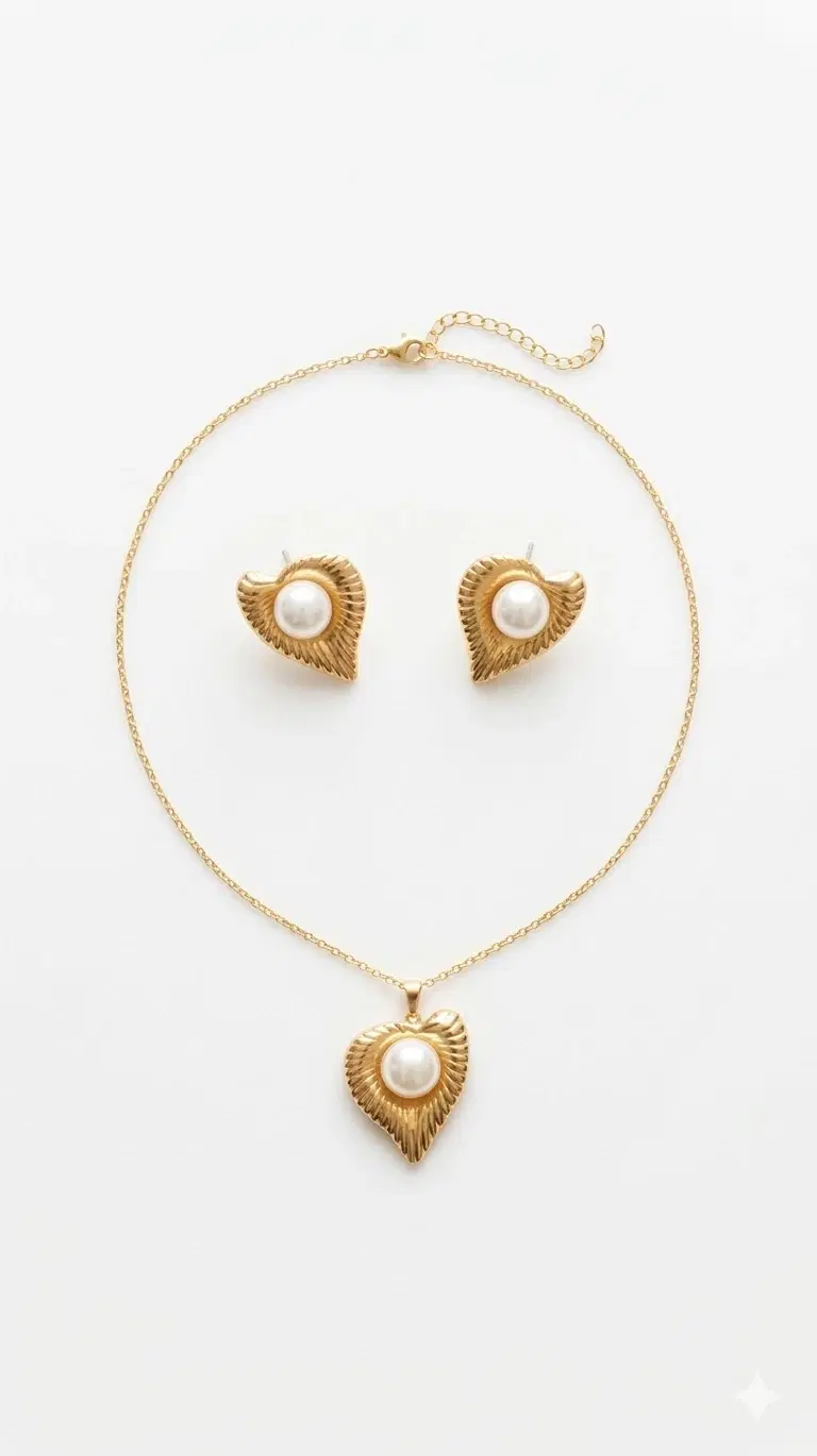 Gold-Tone Pearl Heart Pendant Necklace and Stud Earrings Set