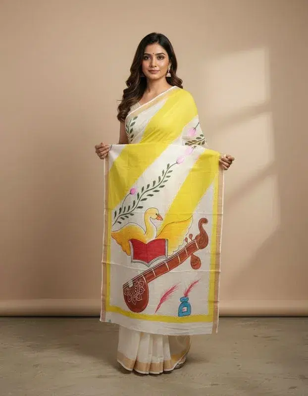 Kerala Cotton Saree with Hand Paint with Blouse Piece
