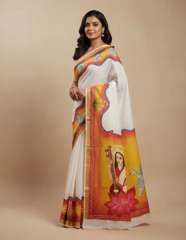Kerala Cotton Saree with Hand Painted with Blouse Piece