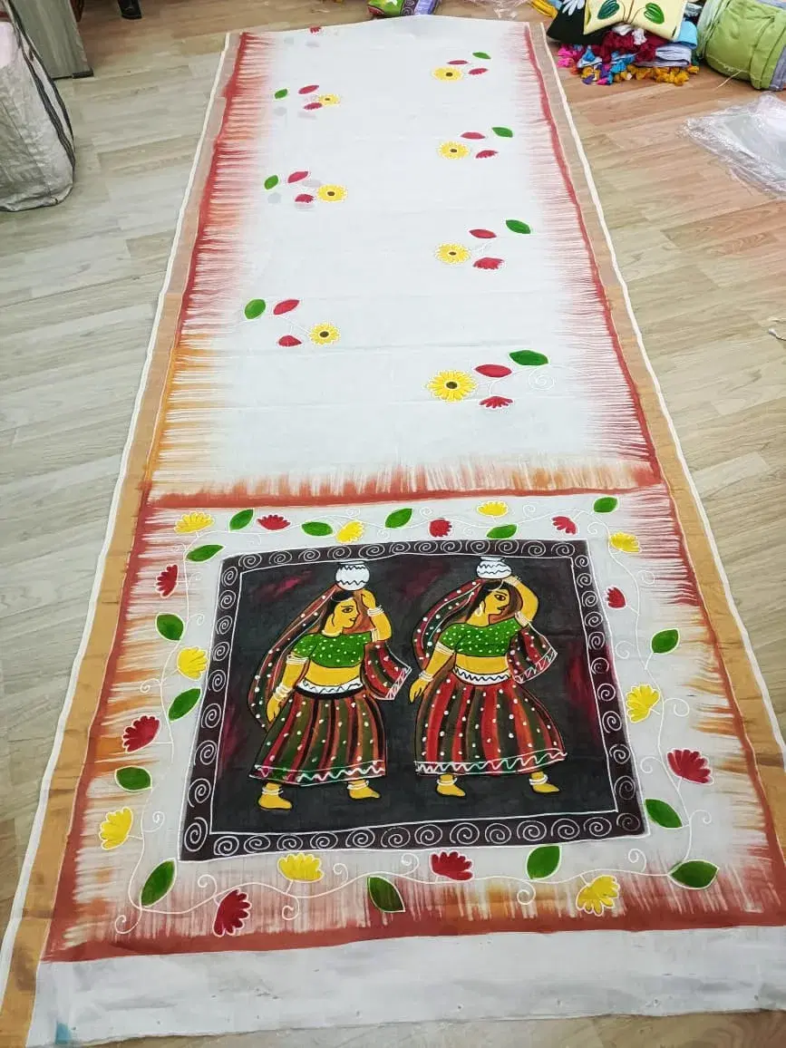 Handpainted Traditional Folk Art White Saree with Floral Border