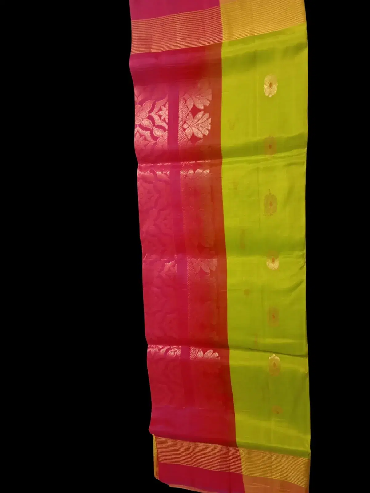 Kanchi Pure Silk Saree in Lime Green and Pink with Zari Border