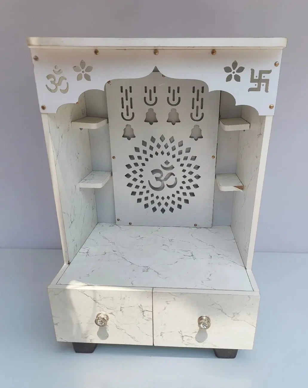 Wooden Home Temple Mandir with Drawers and Decorative Cutwork