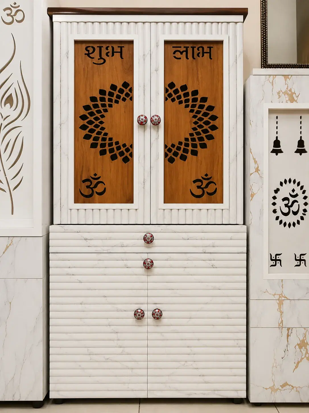 Wooden Mandir Cabinet with Shubh Labh Doors and Storage