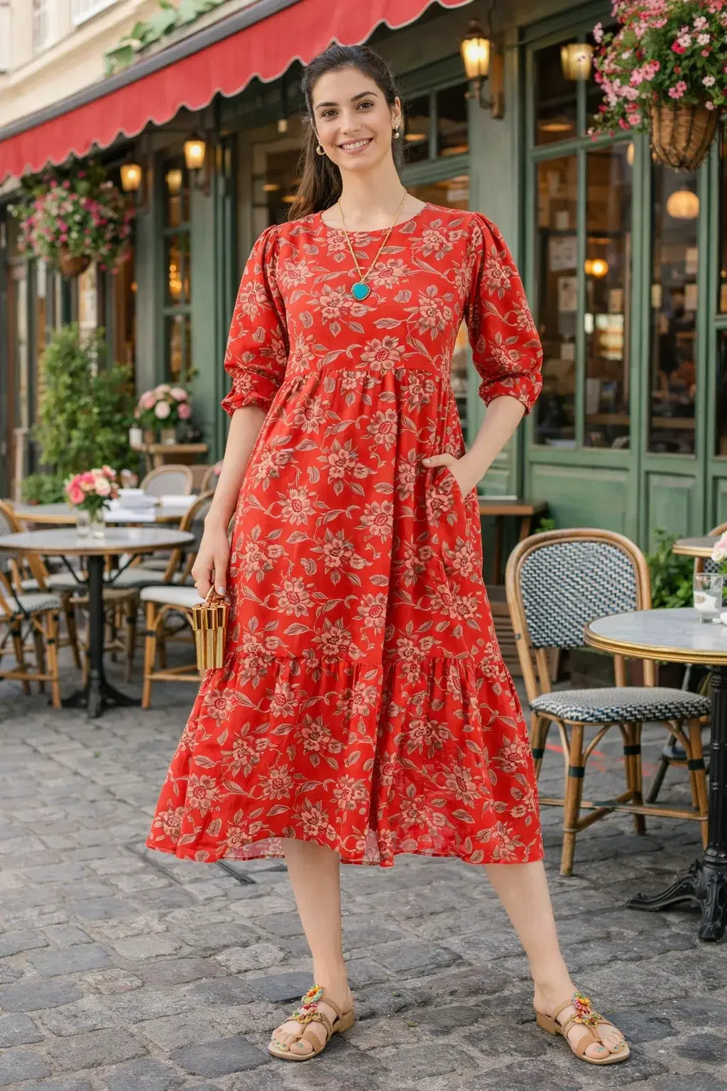 Women's Sage Red cotton voile Dress (lined) with Pockets