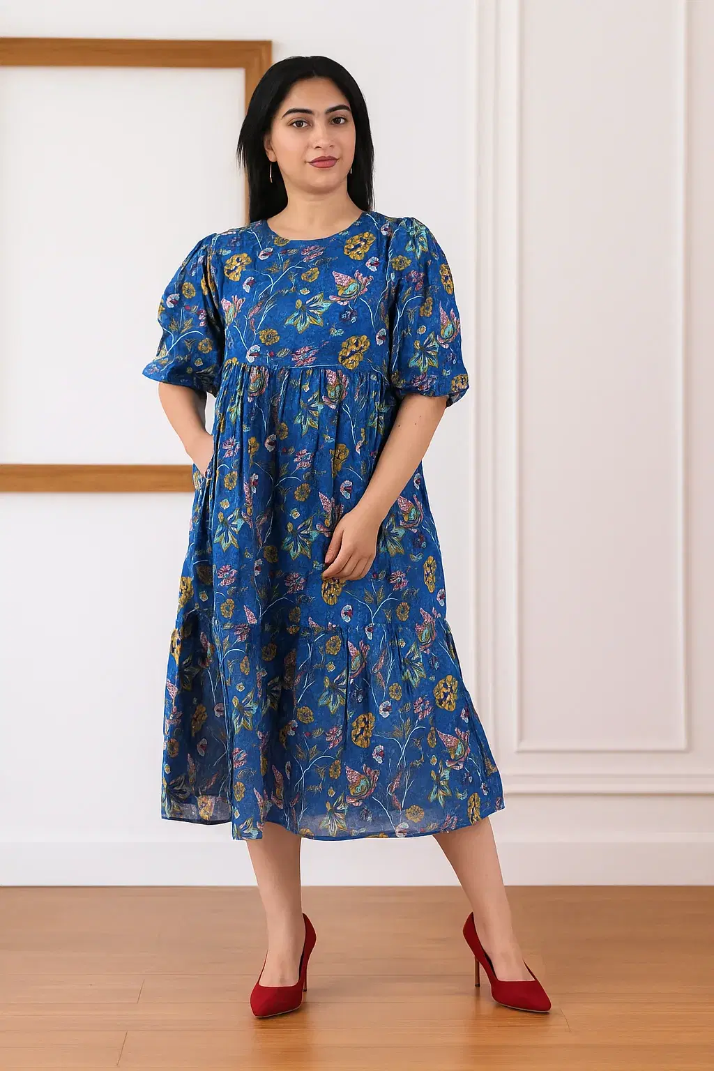 Women's Sage Blue Rayon cotton volie Dress with Pockets