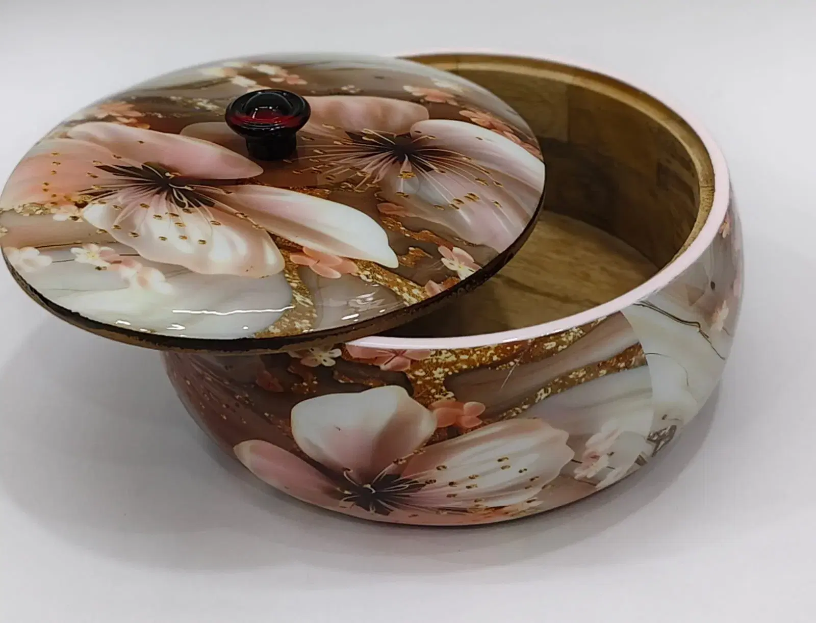 Floral Printed Wooden Storage Jar with Lid