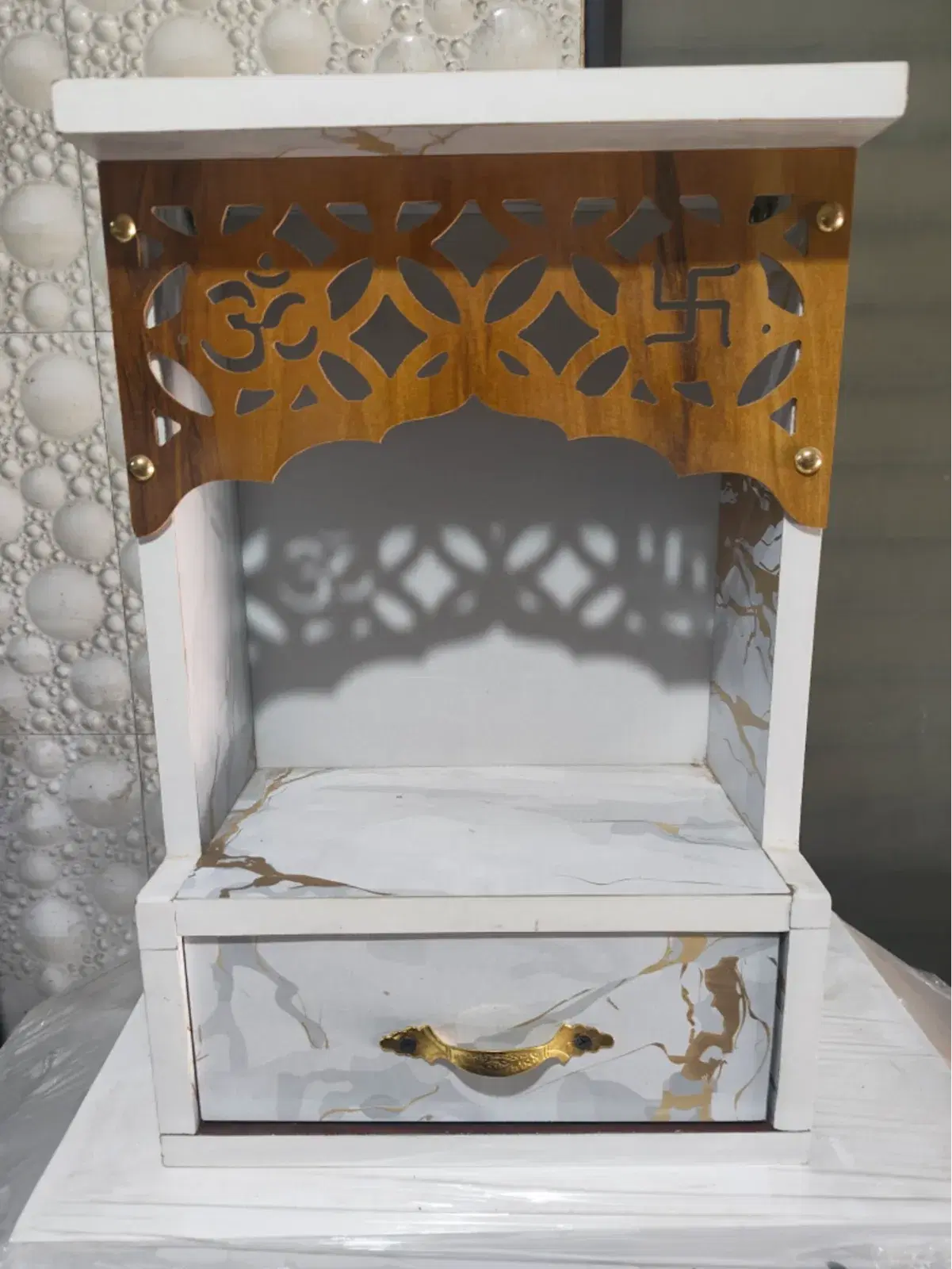 Wooden Tabletop Mandir with Drawer and Decorative Jaali Panel