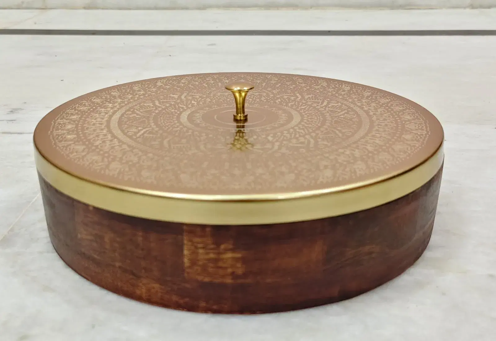 Decorative Round Storage Box with Engraved Metal Lid