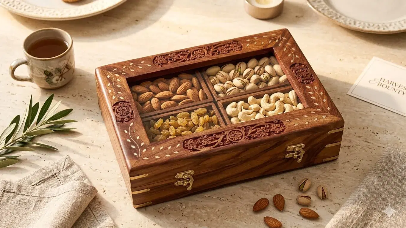 Wooden Dry Fruit Storage Box with Glass Lid and 4 Compartments