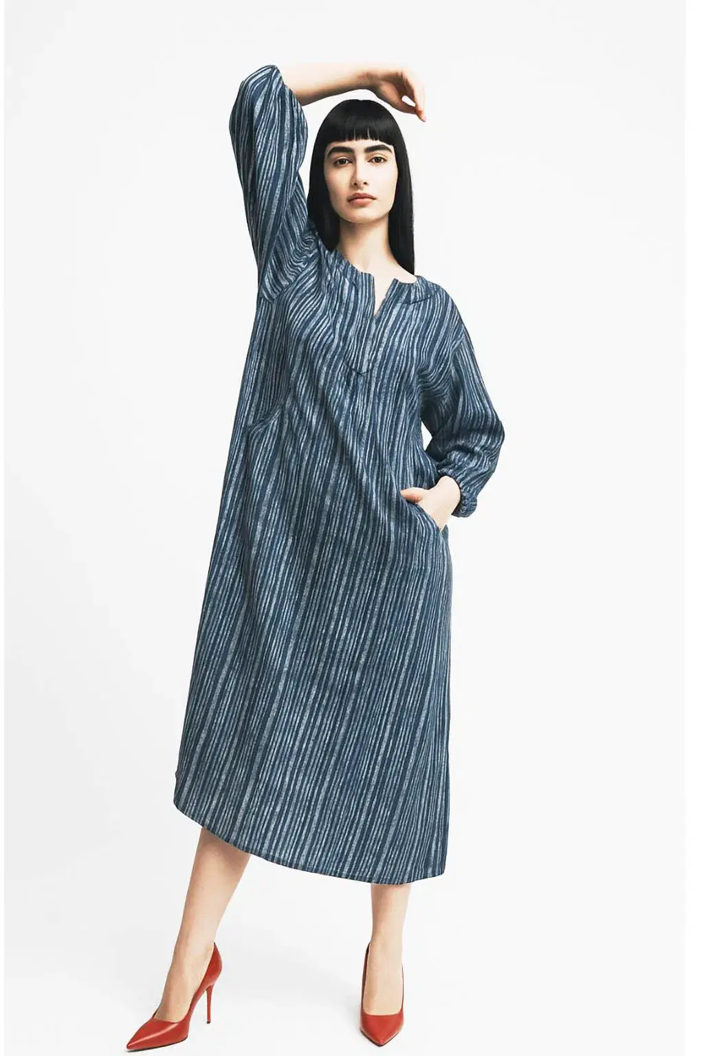 Women’s Blue Striped Midi Kurta Dress