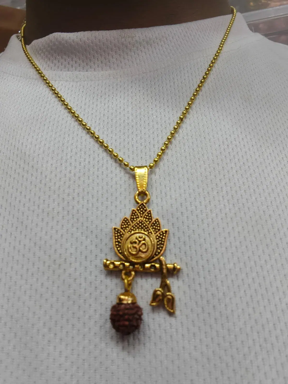 Gold-Toned Om Lotus Pendant Beaded Necklace