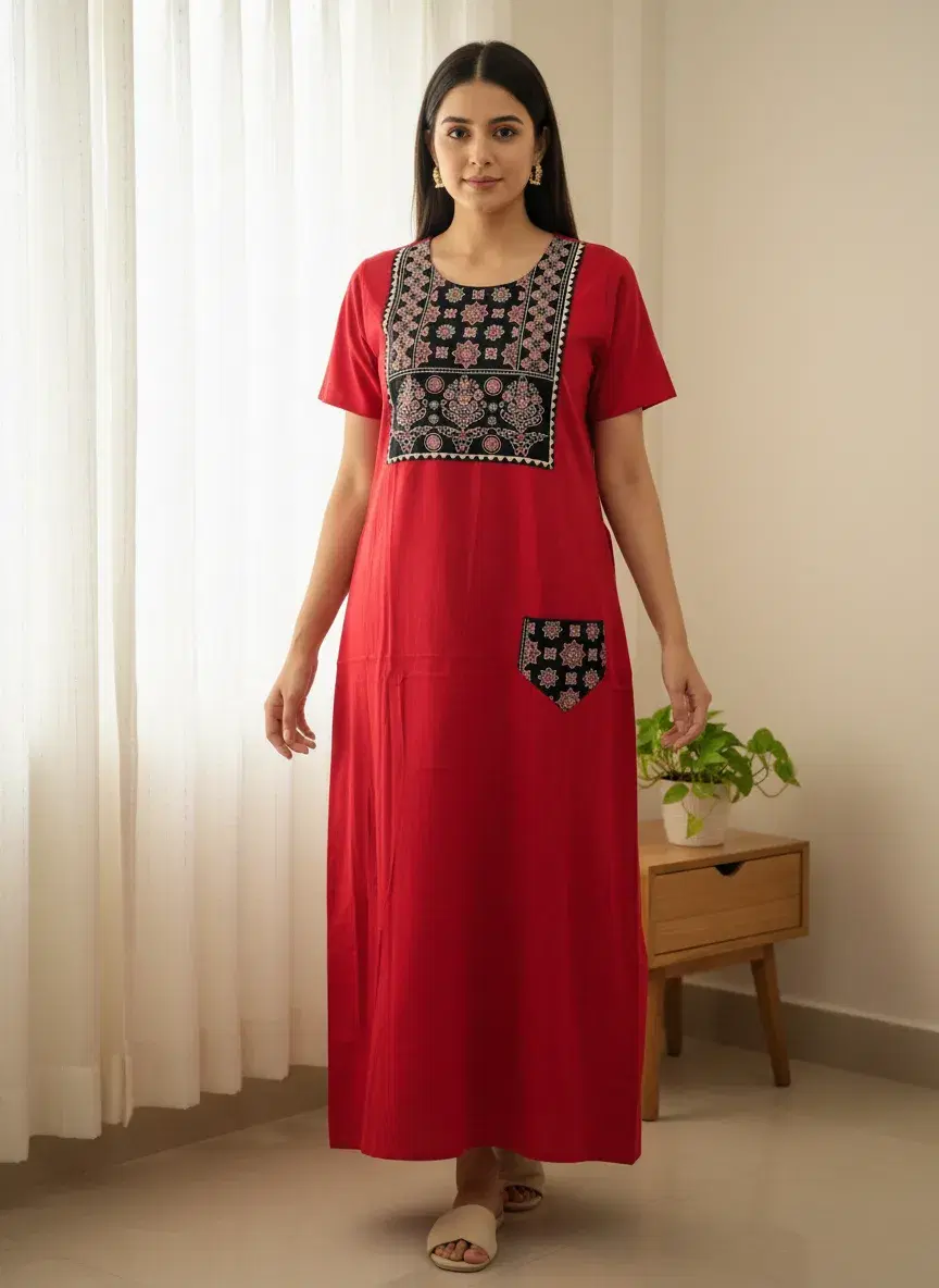 Women’s Solid Red Cotton  Maxi Nightdress with Ajrakh-Inspired Block Printed Yoke Panel