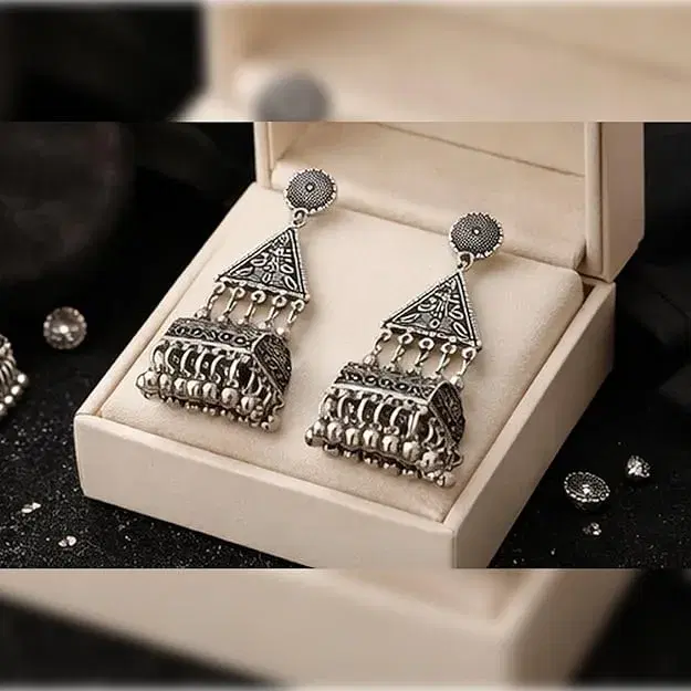 Oxidised Silver-Tone Traditional Jhumka Drop Earrings