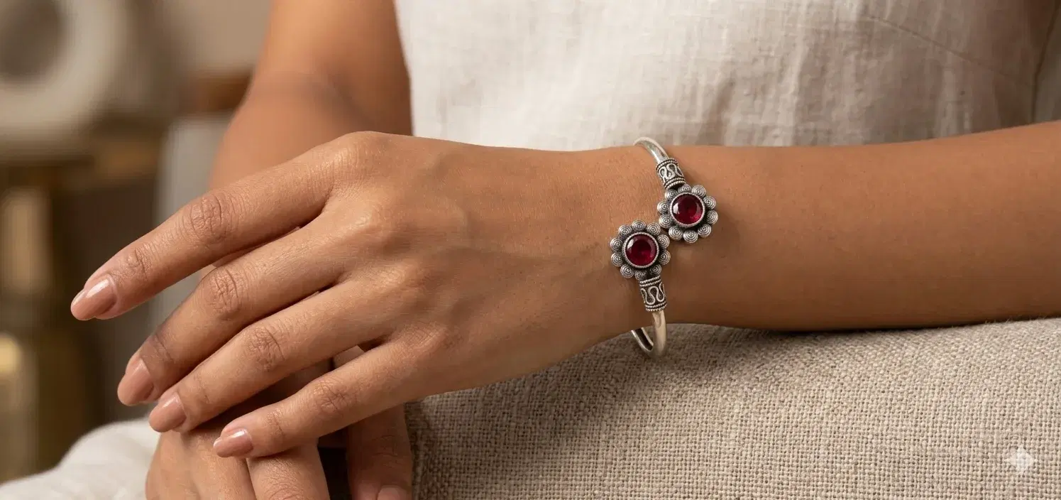 Women’s Oxidised Silver-Toned Open Cuff Bracelet with Red Stone Floral Motif