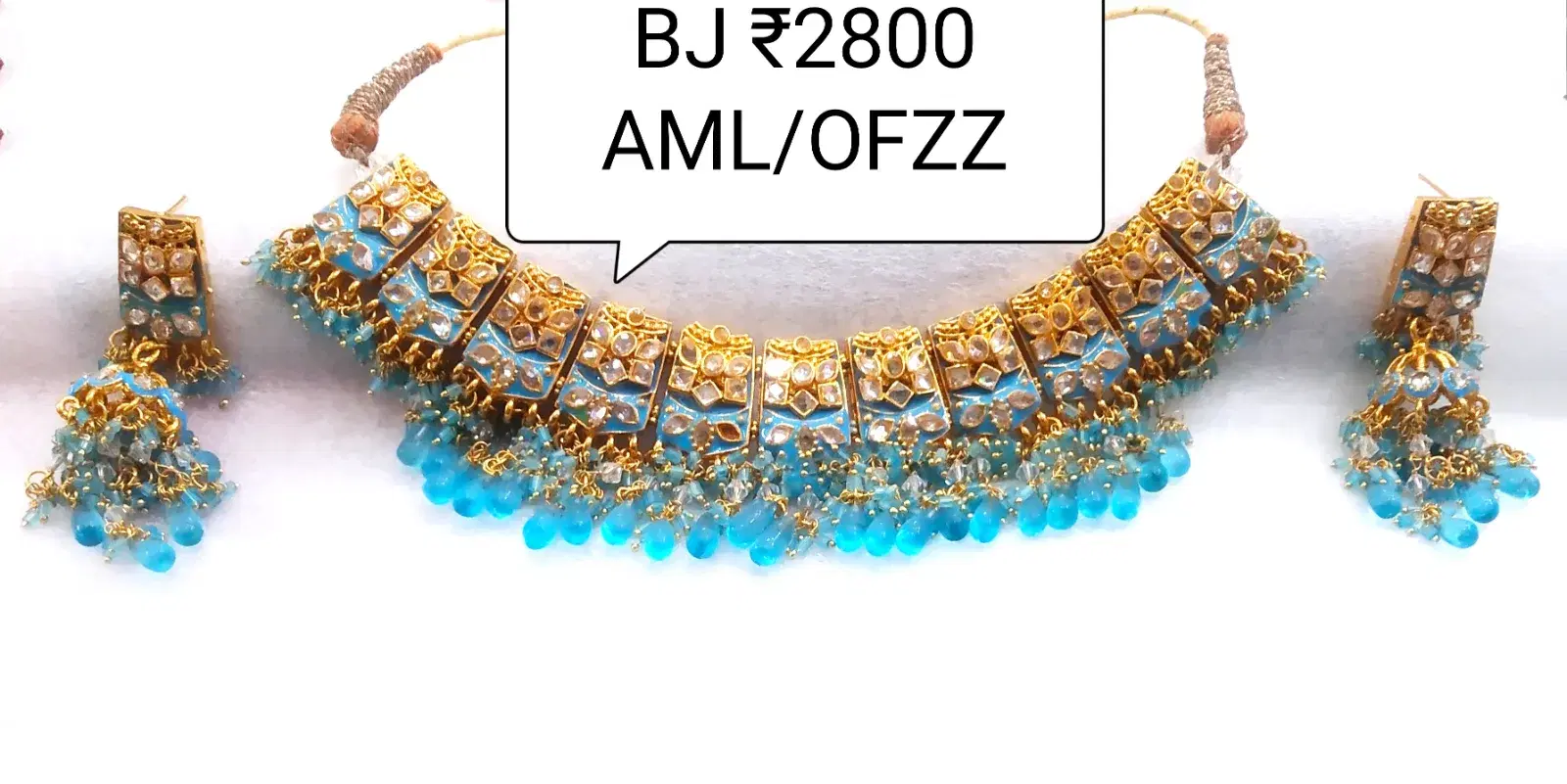 Blue Kundan Beaded Choker Necklace Set with Earrings