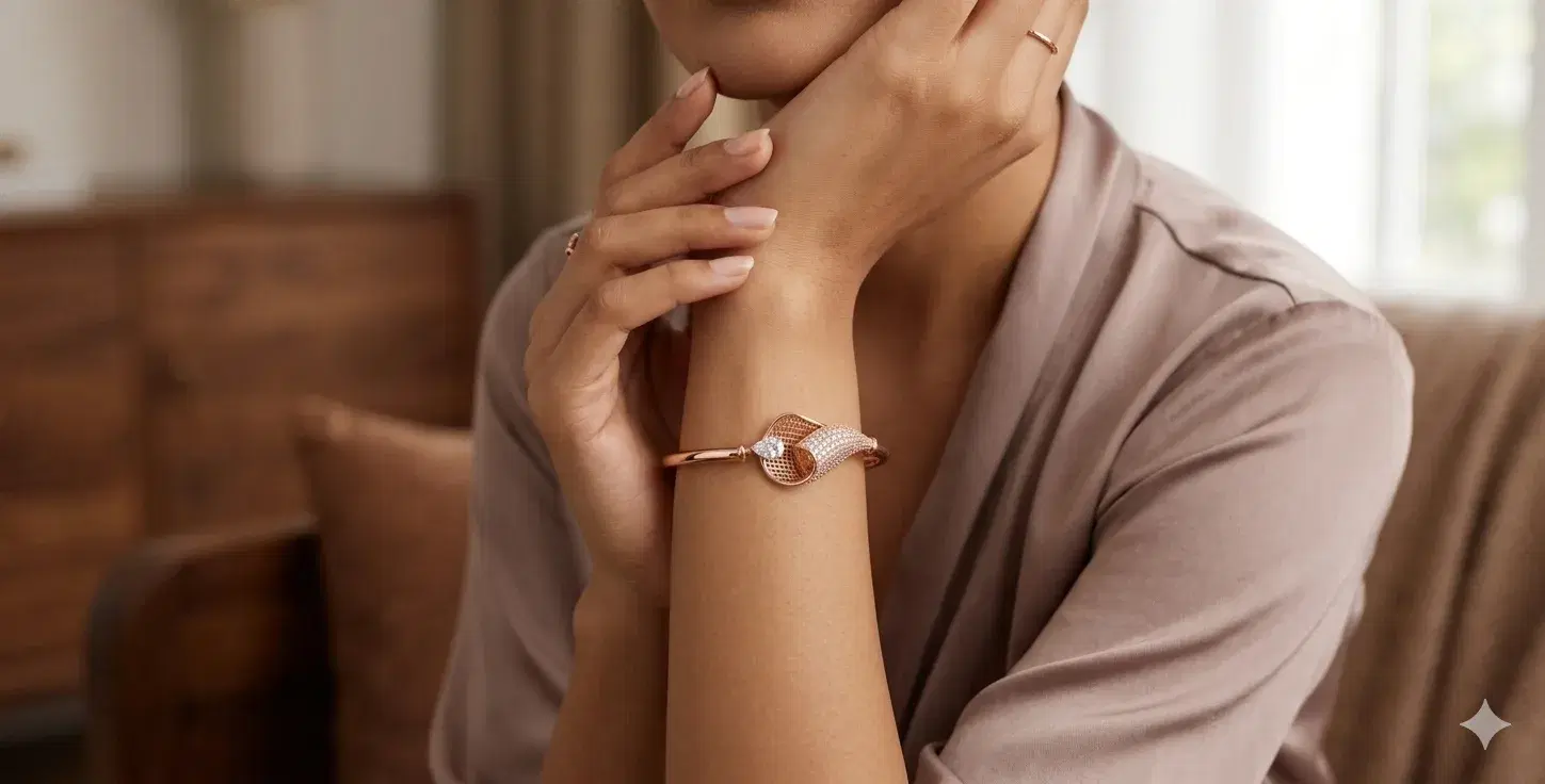Rose Gold-Toned Stone-Embellished Open Cuff Bracelet