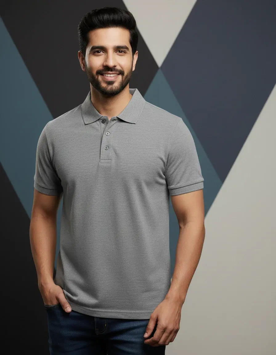 Men's Grey melange Solid Polo T-Shirt