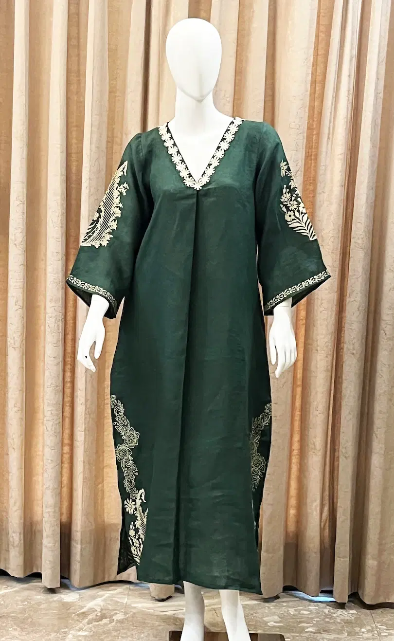 Women’s Dark Green Embroidered V-Neck Kaftan